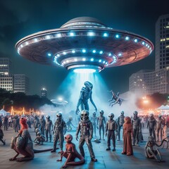 An alien invasion scene in a city square, with UFO replicas, ali