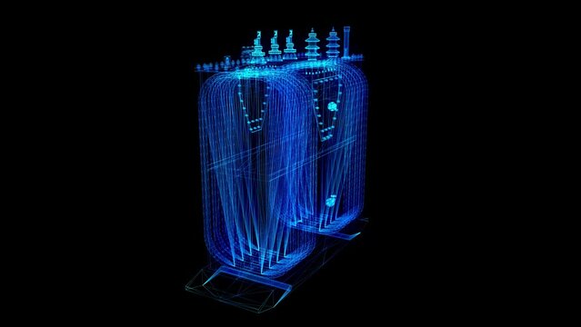 High voltage power transformer. Glowing blue light 3d model energy substation with lines, dots and particles.