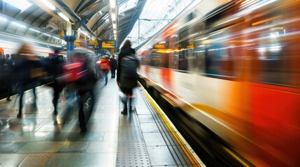 Obraz premium An artistic depiction of commuters in motion on a bustling railway terminus platform, their identities obscured by speed and blur.