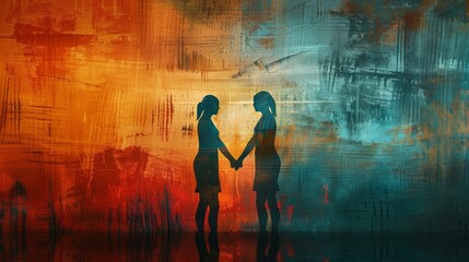 Obraz premium Digital illustration of a woman embracing a friend, symbolizing supportive companionship and solidarity in unity.