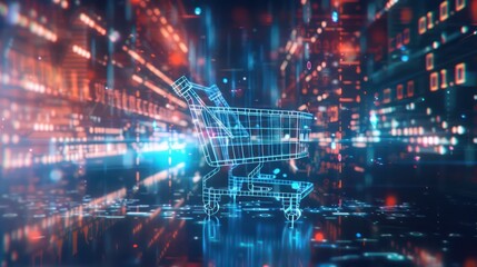 Obraz premium An atmospheric CGI image of a holographic shopping cart icon set against a digital landscape, with binary code and digital effects adding depth and dimension to the background.