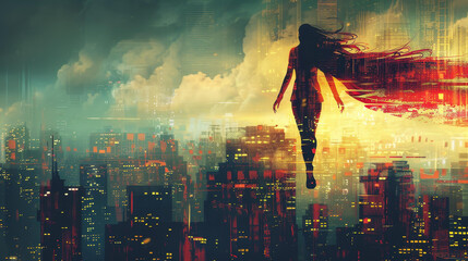 Captivating digital illustration of superheroine in action against city backdrop, exuding power and strength.