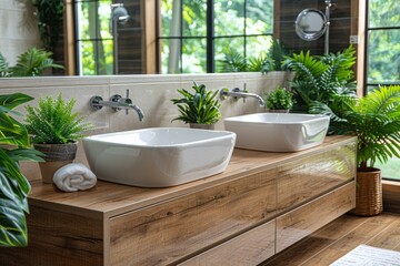 Modern bathroom with wooden elements, green plants, and large windows, natural and serene, featuring a perfect blend of modern and elegant design elements for a luxurious and serene experience