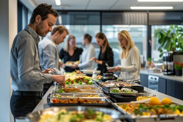 A group of people are gathered around a buffet table filled with food