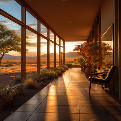 A Beautiful Photography of Serene Rural Architecture Preparation with garden that simple minimalist and modern looks in the sunset time. Suitable for various formats including posters, brochures