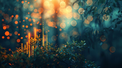 A stylized depiction of tree branches and business growth charts with glowing bokeh light effects, symbolizing eco-friendly economic development
