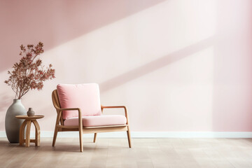 Elegant pink armchair in front of pink wall with shadows