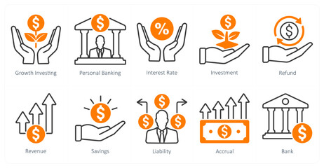 A set of 10 banking icons as growth investing, personal banking, interest rate