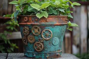 A terracotta planter with brass gear embellishments and a verdigris patina, giving it an antique yet mechanical look