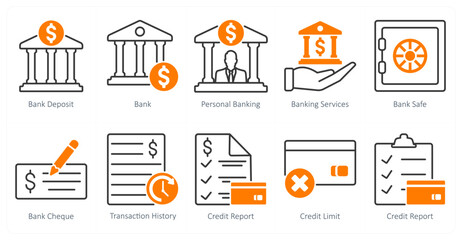 A set of 10 banking icons as bank deposit, bank, personal banking, banking services