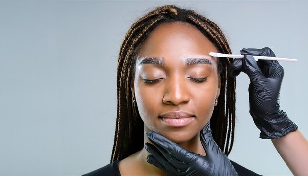 Young woman face during professional eyebrow mapping procedure before permanent makeup and lamination 