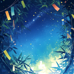 Frame illustration of Tanabata bamboo decoration and night sky - 七夕の竹飾りと夜空のフレームイラスト