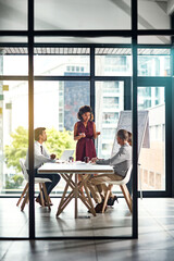 Fototapeta premium Business people, woman or presentation with chart in conference room for company growth statistics or annual sales graph. Speaker, employee or infographics with data analysis for finance in boardroom