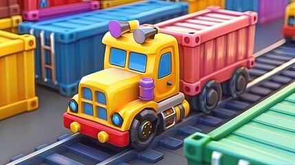 Naklejka premium A yellow train car is driving down a track next to a red container