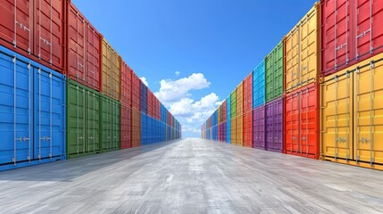 Fototapeta premium A row of colorful shipping containers are lined up in a warehouse