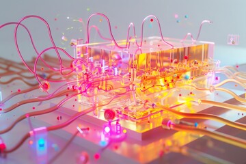 A vibrant depiction of a quantum computer core, with entangled particles and neon light trails representing data flow, on a pure white background 