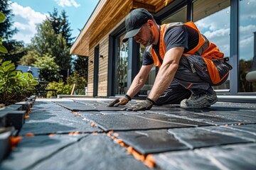 A worker in an orange vest is laying down on the ground