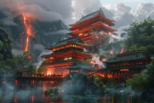 A temple where monks meditate at the convergence of four biomes – a fiery volcano, a serene lake, a whispering forest, and a stormy sky – each biome housing its own elemental spirit