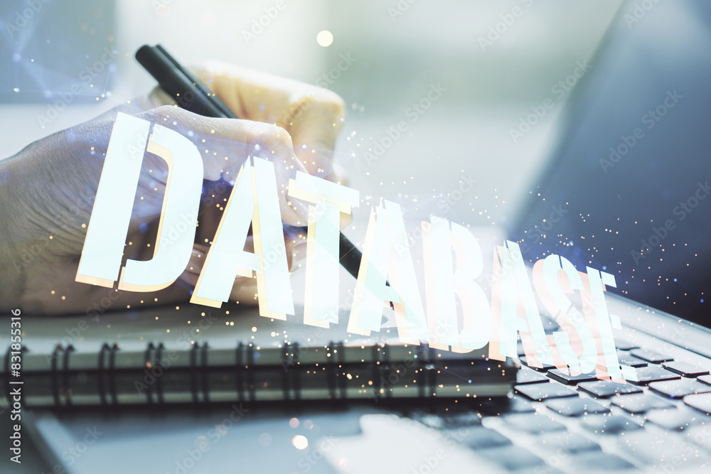 Poster Double exposure of Database word sign with hand writing in diary on background with laptop, global research and analytics concept