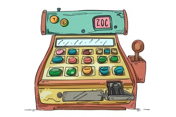 Cartoon cute doodles of a vintage cash register with cheerful buttons and a money drawer, Generative AI