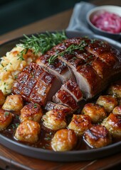 Schweinshaxe - Roasted pork knuckle with crackling skin, served with dumplings and sauerkraut.