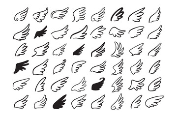 Doodle outline sketch angel wings. Angel feather wing, silhouette. Linear fly winged angels, flying heaven hand drawn doodle vector icons © Yanka