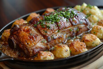 Schweinshaxe - Roasted pork knuckle with crackling skin, served with dumplings and sauerkraut.