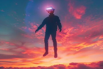 Digital generated image of male silhouette levitating mid air wearing VR mask