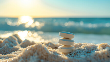 On the seashore, on a sandy beach, tablets are arranged vertically, creating a composition. Their organic nature and biological properties emphasize their value as a natural dietary supplement.