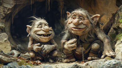In a magical cave, two trolls, a big one and a small one, talk and smile in a friendly way.