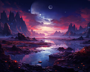 A breathtaking alien landscape with a vibrant sky, rocky terrain, and multiple moons. Perfect for sci-fi and fantasy themes.