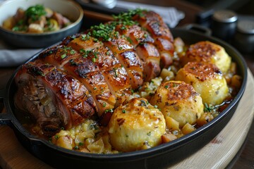 Schweinshaxe - Roasted pork knuckle with crackling skin, served with dumplings and sauerkraut.
