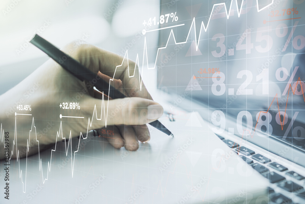Poster double exposure of abstract creative financial diagram with hand writing in notebook on background, 