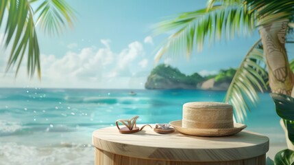 Fototapeta premium Showcase the versatility of summer essentials with a photo featuring a wooden podium displaying a range of products such as beach toys, hats, and flip-flops.