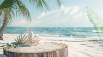 Obraz premium Highlight the laid-back vibe of beachside living with an image showcasing a wooden podium adorned with summer products, set against the azure waters and golden sands of a tropical beach.