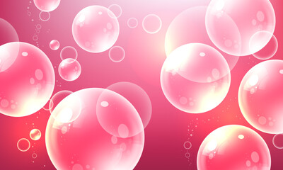 Abstract pink bubbles background. Transparent realistic soap bubble backdrop