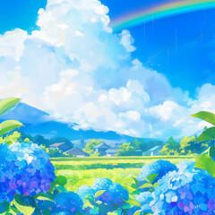 Rainbow and blue hydrangeas on a sunny day during the rainy season