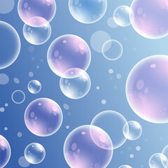Abstract purple bubbles background. Transparent realistic soap bubble backdrop