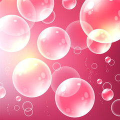 Abstract pink bubbles background. Transparent realistic soap bubble backdrop
