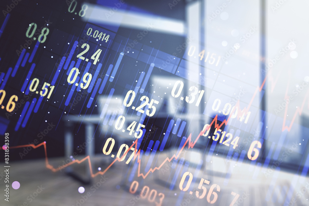 Poster multi exposure of abstract financial diagram and modern desk with computer on background, banking an