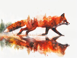 Surreal digital art of a fox blending with autumn forest colors, creating a mesmerizing effect of nature and wildlife harmony.