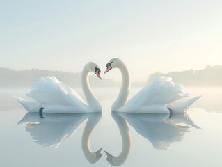 High-altitude shot of swans swimming in a calm lake with a clear sky background, ideal for text placement