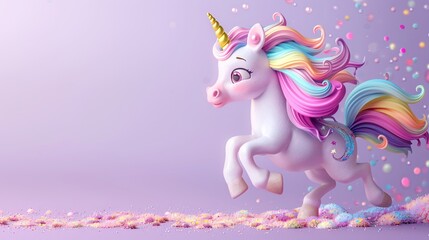 A posable 3D art toy unicorn with a sparkly horn and a flowing mane of colorful yarn, prancing on one hoof. Soft, warm light illuminates the unicorn against a calming lavender background. Cartoon,