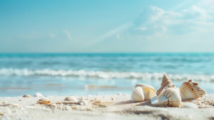 Showcase the peaceful ambiance of beachfront settings with a photo featuring an empty sand beach with shells, framed by the calm waters of a summer sea.