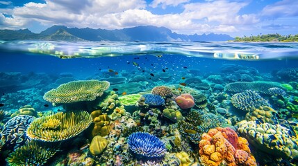 A scenic overlook reveals a vibrant coral reef teeming with marine life beneath crystal-clear...