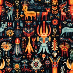 Fototapeta premium Balinese Ikat intricate animal motif, bright color palette, handwoven craftsmanship, traditional tribal patterns, detailed animal designs, cultural heritage, high resolution