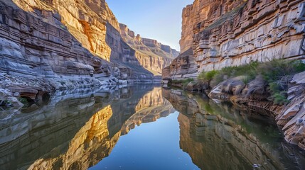 A tranquil river meanders through a canyon, reflecting steep rock walls in serene waters—picturesque peace.