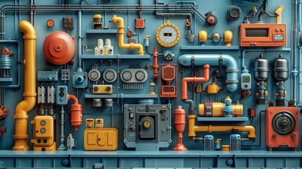 3D illustration of an industrial control panel with pipes, gauges, meters, and mechanical components in blue, yellow, and orange