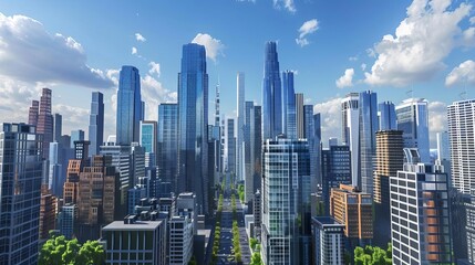 A stunning modern city skyline with towering skyscrapers and blue sky, offering a breathtaking urban landscape.
