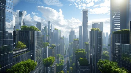 Obraz premium Futuristic cityscape with skyscrapers and lush greenery on rooftops under a blue sky with clouds, showcasing urban environmental sustainability.
